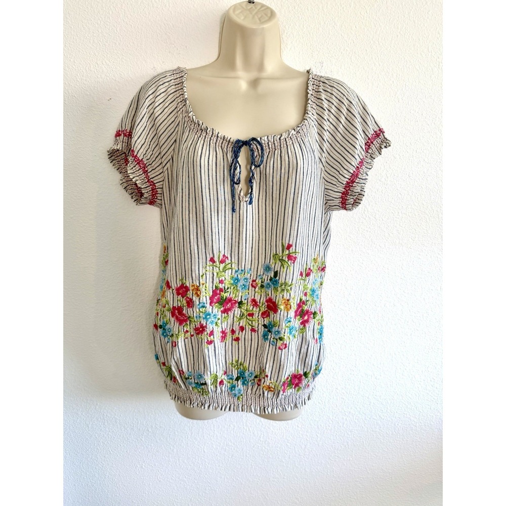Johnny Was Embroidered Stripe Top S Puff Sleeve Smocked J3 Workshop Boho Cotton - Picture 9 of 12